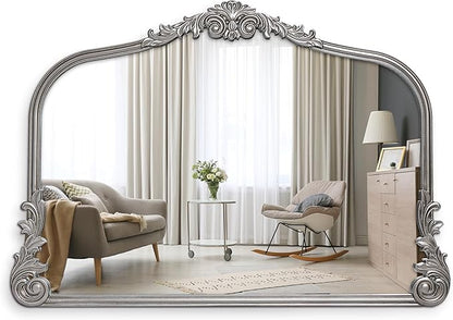 Wylde Iris English Estate Carved Arch Wood Wall Mirror, Mirror for Entryway, Living Room, Bathroom, Antique Silver, 26x37