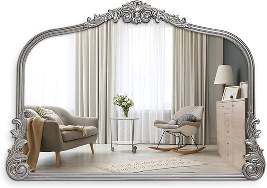 Wylde Iris English Estate Carved Arch Wood Wall Mirror, Mirror for Entryway, Living Room, Bathroom, Antique Silver, 26x37
