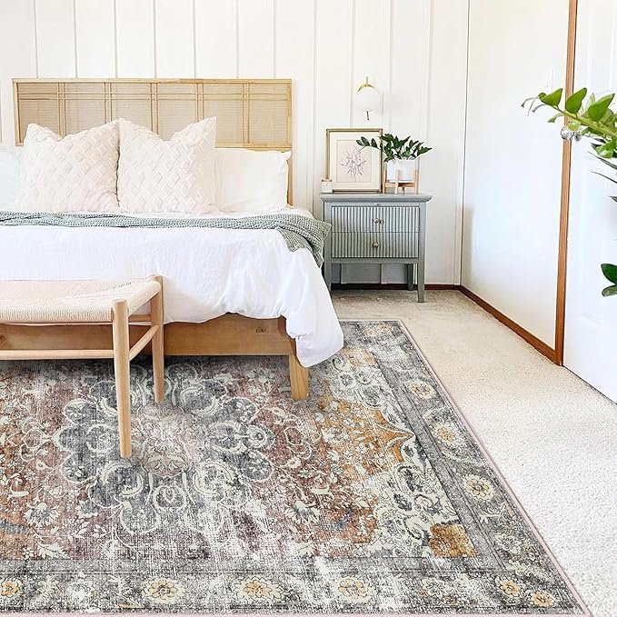 CHAMPLANT Area Rug 9x12 Washable Taupe Vintage Traditional Mat Distressed Indoor Foldable Thin Retro Accent Floral Non Slip Carpet for Living Room Dining Room Office