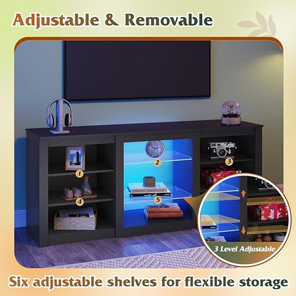 WLIVE Modern TV Stand for 65 Inch TV, Entertainment Center with Adjustable Open Shelves & RGB LED Lights, Sturdy Media Console for Living Room, Bedroom,Gaming (Black)