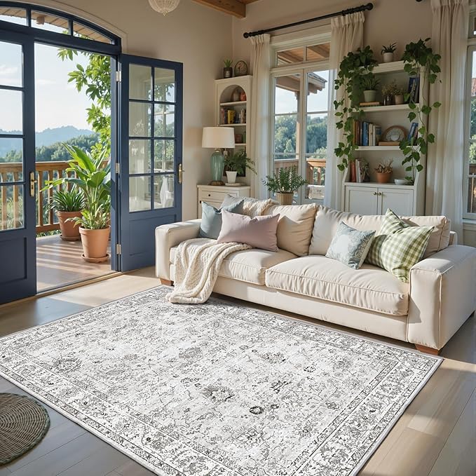 Grey White Area Rugs 5x8 for Living Room Bedroom, Non-Slip Washable Rugs Stain Resistant Boho Rug Low Pile Rug for ‎Dining Room Office (5 x 8, Grey White)