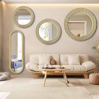 WAMIRRO Gold Oblong Wood Mirror, 47X16 Inch Hand Carved Solid Wood Capsule Frame Oval Mirror for Wall Mount, Farmhouse Boho Decor for Living Room, Bathroom, Bedroom, Hallway & Entryway