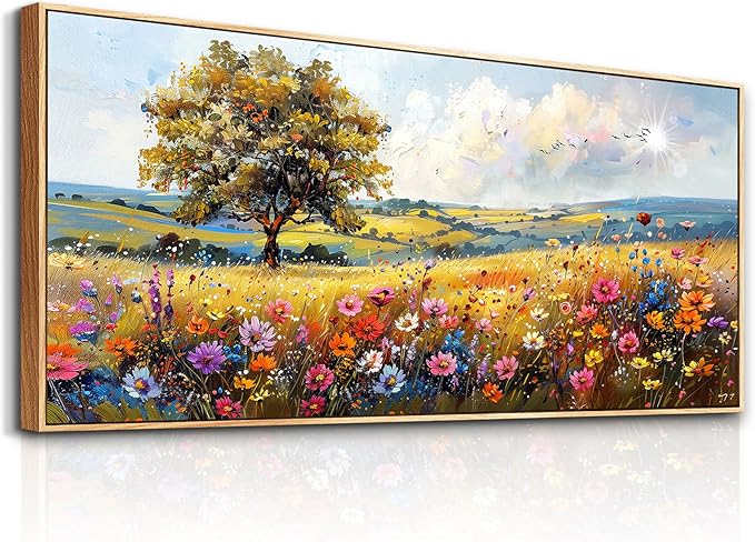 hyidecorart Large Framed Wall Art, Spring Landscape Wall Art, Nature Tree Wildflower Artwork, Colorful Scenery Rustic Painting Canvas Prints, Farmhouse Wall Decor Living Room Bedroom Picture 32x72 In