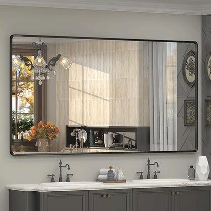 66x36 Inch Black Matte Framed Mirror for Bathroom, Rounded Rectangle Mirror, Bathroom Vanity Mirror for Wall, Anti-Rust, Shatterproof (Horizontal/Vertical)