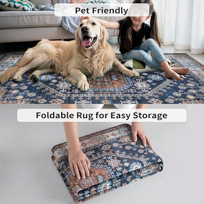 Tangsoo Vintage Geometric 2x6 Washable Runner Rug for Hallways,Blue Orange Non-Slip Rubber Backing Mat Non-Slip Low Pile Long Rug Runner for Kitchen Bedroom Entryway Laundry