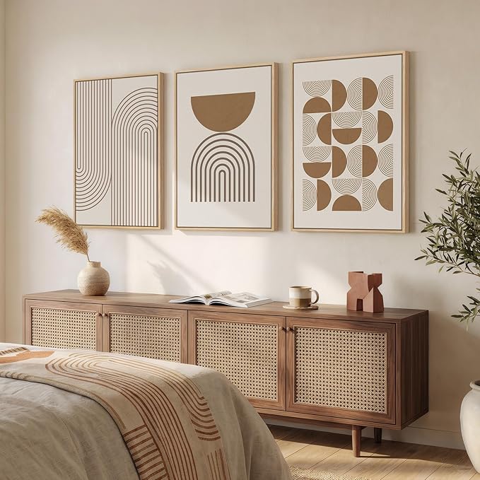Large Framed Abstract Neutral Boho Wall Art for Living Room, 3 Piece Beige Mid Century Modern Canvas Artwork for Walls, Bauhaus Geometric Prints for Bedroom Office Dining Room Wall Decor, 24x36 Inch