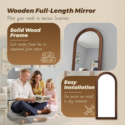 Antok Full Length Mirror with Solid Wood Frame, 76"×34" Wall Mounted Oversized Floor Mirror with Stand, Leaning Standing Hanging for Bedroom Living Room Entryway, Walnut, Arched Syle