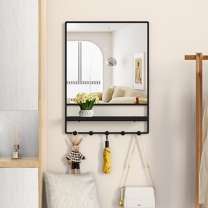 Wall Mirror with Shelf and Hooks,Vanity Mirror with Hooks, 21 X 28 inch Metal Framed Bathroom Mirror with Shelf for Bathroom, Entryway, Bedroom, Living Room (Black, 21" x 28")
