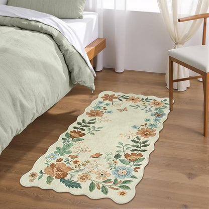 Lahome Floral Entryway Rug, 2x4 Washable Kitchen Rugs Non Slip Ultra-Thin, Front Door Mat Indoor Entrance Stain Resistant Boho Low-Pile Carpet for Entry Bathroom Bedroom Flore (2x4ft,Beige)
