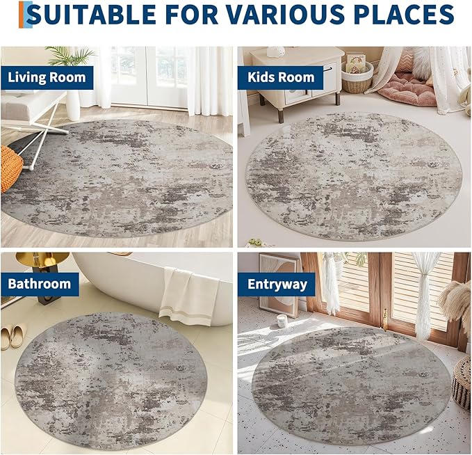 ROYHOME Modern Abstract 6x6 Round Area Rug Non Slip Non Shedding Rug Low Pile Stain Resistant for Bedroom Living Room Office Dining Room,Brown Grey