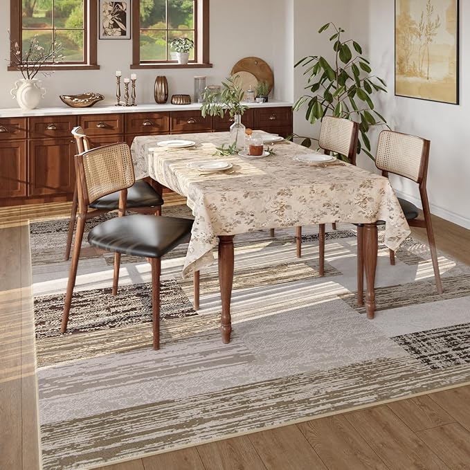 FlyDOIT Modern Geometric Patchwork Area Rug, 8x10 Beige Large Rugs for Living Room, Rockwood Collection Indoor Rugs for Bedroom, Throw Carpet Floor Decor for Entryway Dining Room Office Nursery