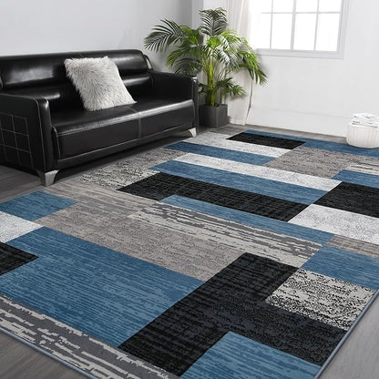 FlyDOIT Modern Geometric Patchwork Area Rug, 6x9 Blue Large Rugs for Living Room, Rockwood Collection Indoor Rugs for Bedroom, Throw Carpet Floor Decor for Entryway Dining Room Office Nursery
