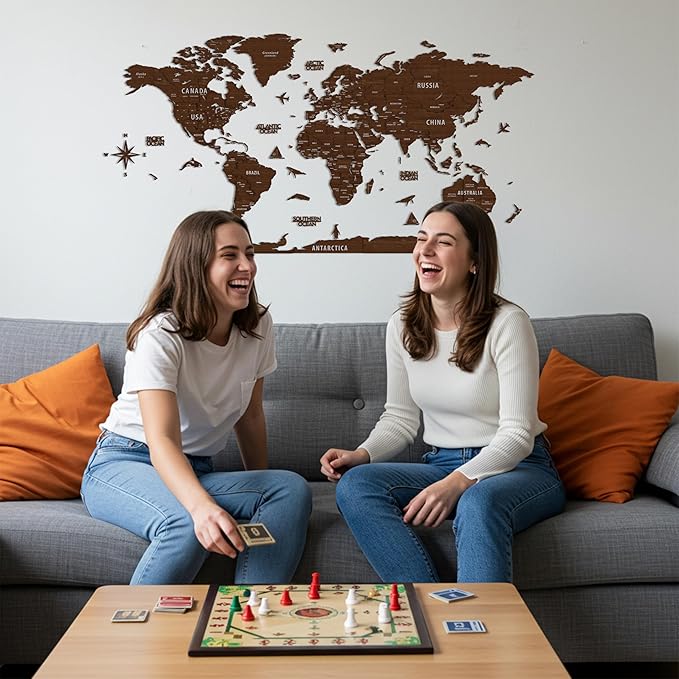 Colorfull Worlds, Multilayer 3D Wooden World Map, Travel Map States and Capitals, Wall Decor For New House, Gift For Travelers, Office Decor, Birthday Present,Living Room Decoration (L, Light Brown)