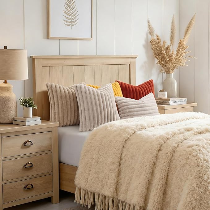 decorUhome Cozy Faux Fur Throw Pillow Covers 26x26 Set of 2 Decorative Soft Plush Striped Modern Farmhouse Boho Couch Euro Sham Pillow Cases with Velvet Back for Sofa Bed Living Room, Rust