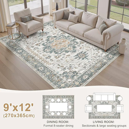 EIEIHOUSE Washable Area Rugs for Living Room -9x12 Neutral Vintage Distressed Floral Farmhouse Boho Large Soft Floor Rug Indoor Non Slip Carpet for Living Room Bedroom Dining Room Office -Green/Grey
