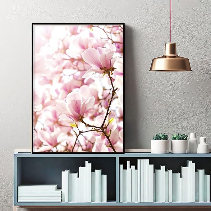 Framed Scandinavian Flower Canvas Poster Pink Magnolia Floral Print Painting Nordic Smile Quote Art Wall Pictures for Living Room Office Bedroom Home Decor -3 Pack (12 X 16Inch)