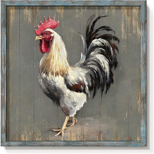 Rooster Wooden Wall Art Decor: Farm Cock Picture Country Animal Framed Artwork Rustic Farmhouse Chicken Painting for the Kitchen Living Room 20"x20"