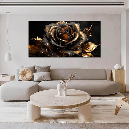 Ouzzlie Rose Picture Art for Living Room Flower Wall Decor Large Black and Gold Wall Art Artwork Floral Canvas Art Home Office 29" x 59"