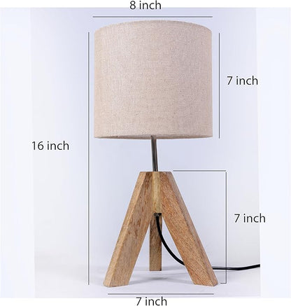 Tripod Table Lamp, 16 Inches Height with Brown Jute Lamp Shade Bedside Lamp Nightstand Lamp for Nursery, Bedroom, Kid Room, Living Room, Light Brown Wooden Base