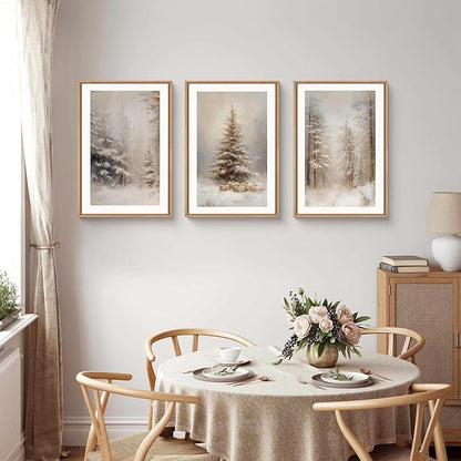 Retro Pine Tree Woodland Landscape Framed Canvas Wall Art Set,Modern Rustic Forest Scenery Wall Decor,Textured Natural Misty Botanical Artwork for Living Room, Bedroom,Farmhouse- 16"x24"x3