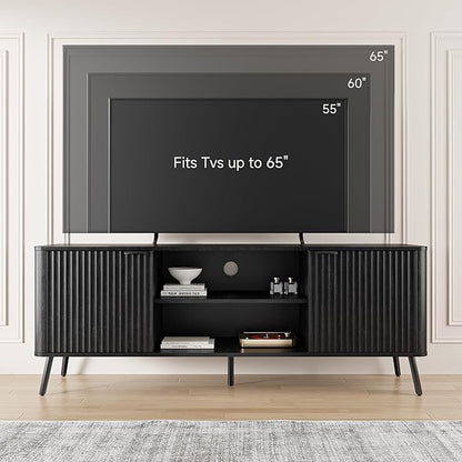 Fatmok TV Stand, 58" Modern Media TV Console Table with Storage for 55/60/65 inch TV, Mid Century Entertainment Center with Fluted Door Cabinets and Open Shelves TV Cabinet for Living Room, Bedroom
