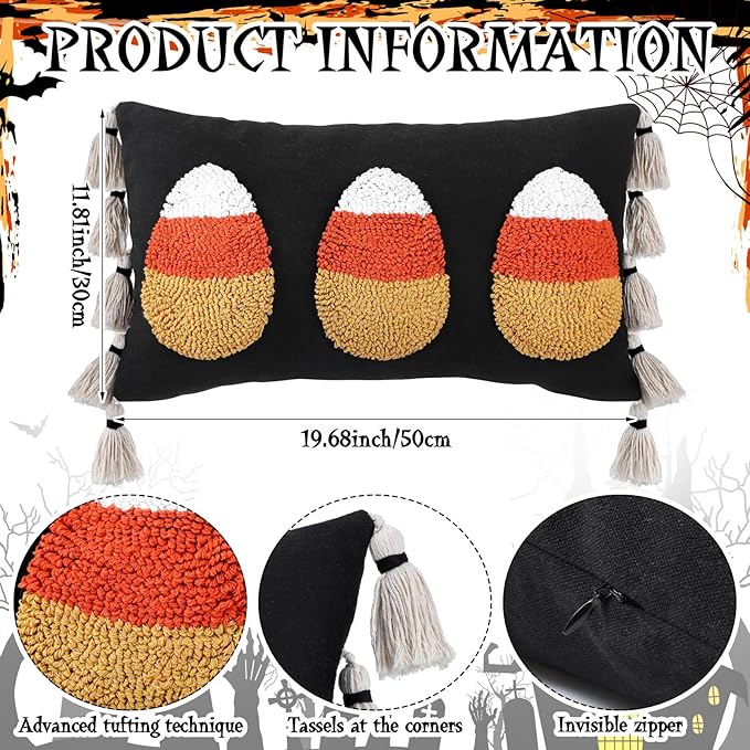 Yuntau Halloween Throw Pillow Cover with Tassels 12 x 20 Inch Decorative Candy Corn Pillowcase Embroidery Furry Plush Candy Corn Cushion Cover Halloween Decorations for Home Sofa Couch Bedroom Outdoor