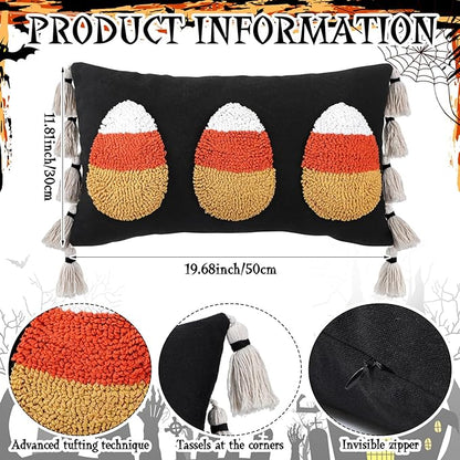 Yuntau Halloween Throw Pillow Cover with Tassels 12 x 20 Inch Decorative Candy Corn Pillowcase Embroidery Furry Plush Candy Corn Cushion Cover Halloween Decorations for Home Sofa Couch Bedroom Outdoor