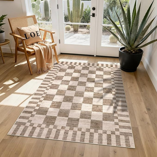 GarveeHome Brown Checkered Rug,Washable 3x5 Rug Geometric Tan Brown Print Non Slip for Entryway,Modern Soft Low-Pile,Neutral Farmhouse Checkerboard Rug,Small Area Rugs for Bedroom Kitchen Dining Room
