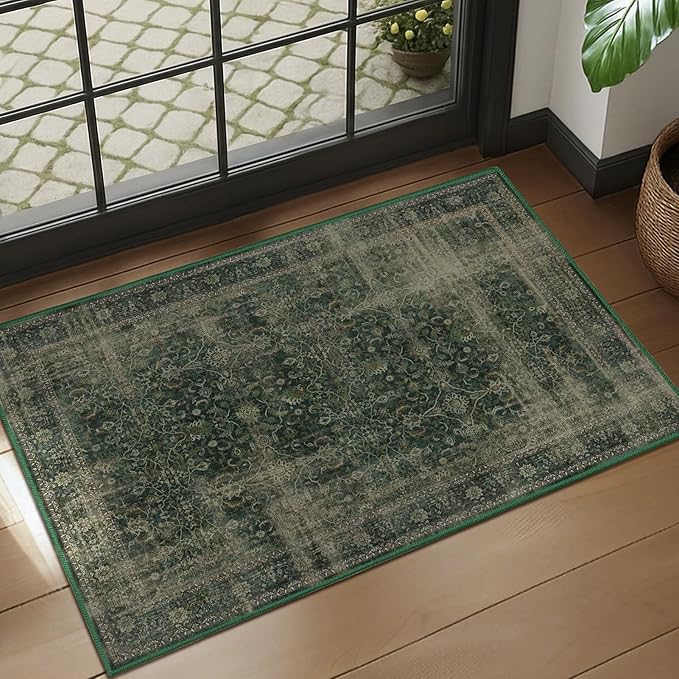 Dark Green 2x3 Small Entryway Rug, Distressed Vintage Front Door Mat Indoor Entrance Washable Low Pile, Kitchen Bathroom Throw Area Rugs Non Slip, Moody Decor Small Carpet for Bedroom