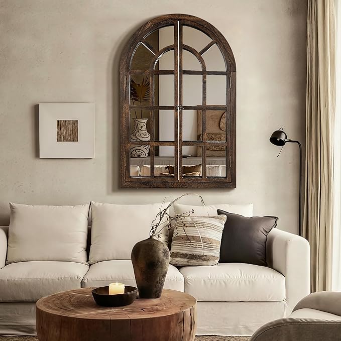Arched Wall Mirror with Wood Window Frame, 36x24 Vintage Rustic Arch Farmhouse Mirror for Wall, Living Room, Bedroom, Entryway(Brown)