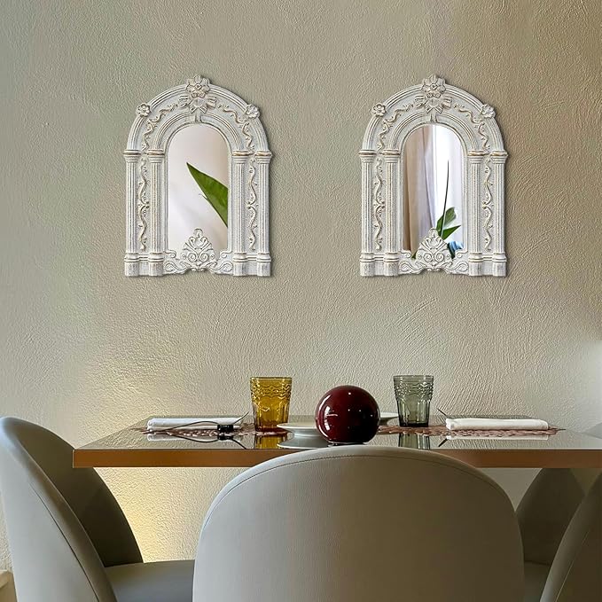 2 Set Wood Carved Window Mirrors 3D Relief Arched Wall Decor Roman Column Antique Home Accent Small Decorative Mirrors for Living Room, Bathroom, Entryway