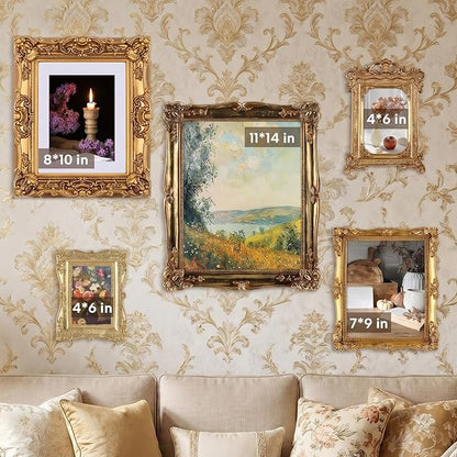 Wonderjune 5 Pcs Large Vintage Picture Frames Set with Glass Front Antique Gold Gallery Wall Frames 11x14, 8x10, 7x9, 4x6, Baroque for Home Decor Photography Props Gifts, Wall or Tabletop