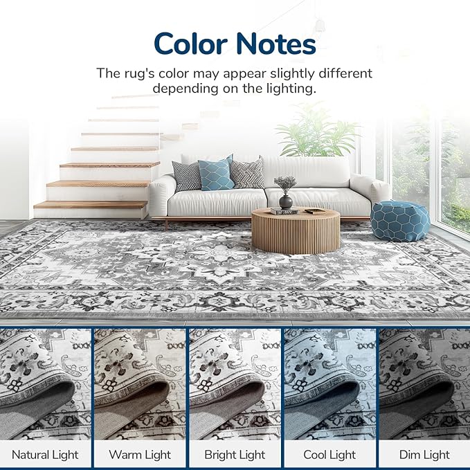 Lessymo 2 x 6 Runner Rug for Hallway, Machine Washable Entryway Rugs Boho Faux Wool Low Pile Long Rug for Bedroom, Floral Medallion Vintage Rugs with Non-Slip Rubber,Grey Beige