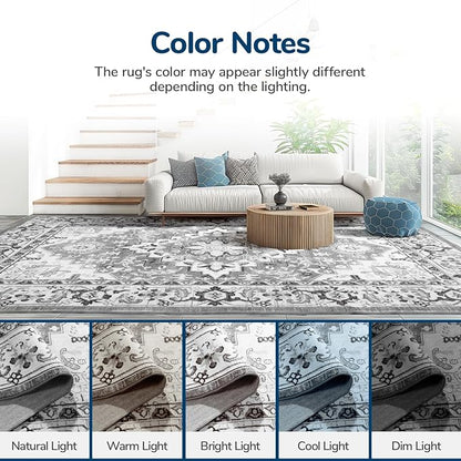 Lessymo 2 x 4 Entryway Rug, Machine Washable Area Rugs Boho Faux Wool Low Pile Area Rug for Bedroom, Floral Medallion Vintage Outdoor Rugs with Non-Slip Rubber, Grey Beige