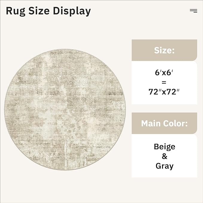 Soalmost 6x6 Beige Gray Round Rug 6ft Living Room Circle Rug Vintage Round Area Rug Non Slip Indoor Carpet for Dining Room Bedroom