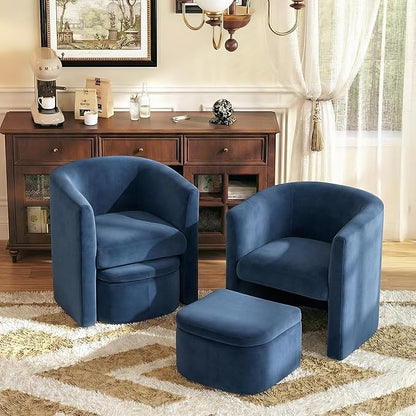 COLAMY Morden Velvet Living Room Side Chair with Storage Ottoman Set of 2, Single Sofa Armchair with Lounge Seat, Upholstered Barrel Accent Chair for Bedroom/Office/Reading Spaces, Blue