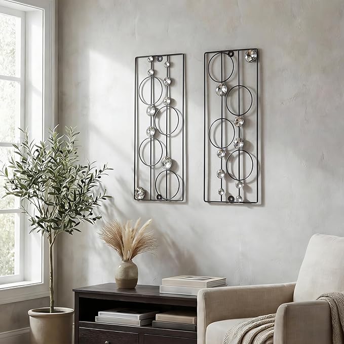ZEXUIRU 2 Pack Bling Abstract Metal Wall Art Minimalist Line Jeweled Crystal Wall Decor Modern Geometric Rhinestone Hanging Wall Sculpture for Living Room Bedroom Bathroom Office