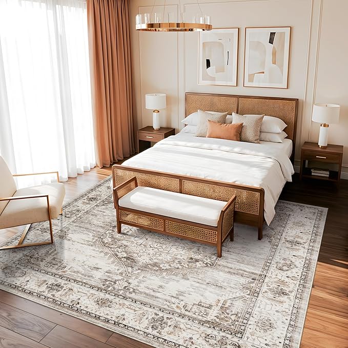 10x10 Square Area Rug: 10ft Square Washable Living Room Rugs Ultra Thin Soft Oriental Non-Slip Backing Farmhouse Rug Low Pile Thin Stain Resistant Indoor Carpets, 10' x 10' Beige
