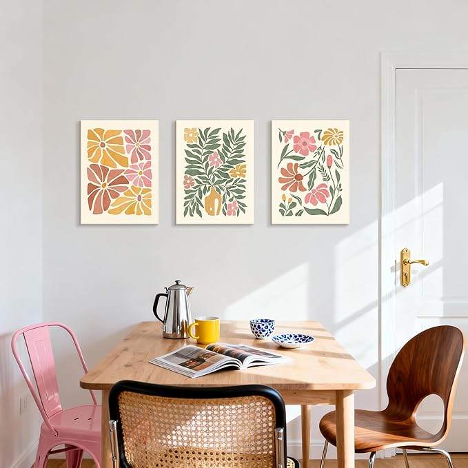 WENGTIAO 3Pcs Flower Market Canvas Wall Art Boho Floral Prints Posters Colorful Blossom Paintings Pictures Minimalist Wildflower Artwork for Living Room Girls Room Nursery Bedroom 12x16x3