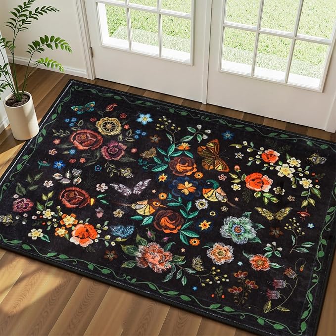 Rugflix 2x3 Small Area Rugs for Entryway, Washable Entrance Door Mat Non-Slip, Soft Low Pile Stain Resistant Vintage Floral Indoor Throw Rug for Kitchen, Bedroom, Hallway, Black