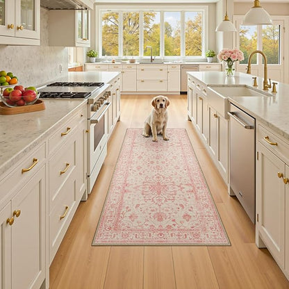 RELEANY Area Rugs 2'x6' Runner Rug Non Slip Washable for Kitchen Hallway Bedroom Beside Laundry Room Bathroom Rug, Floor Carpet, Pink Light Vintage Pink