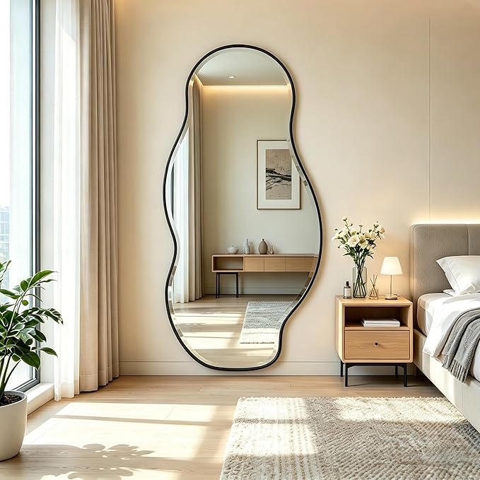 POZINO Large Irregular Mirror, 63"x28.5" Asymmetrical Metal Frame Mirror with Beveled Edge, Premium Organic Wall Mirrors for Living Room Bedroom Hallway Entryway, Horizontal/Vertical Hanging