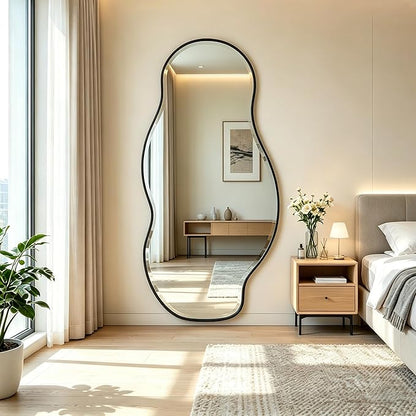 POZINO Large Irregular Mirror, 63"x28.5" Asymmetrical Metal Frame Mirror with Beveled Edge, Premium Organic Wall Mirrors for Living Room Bedroom Hallway Entryway, Horizontal/Vertical Hanging