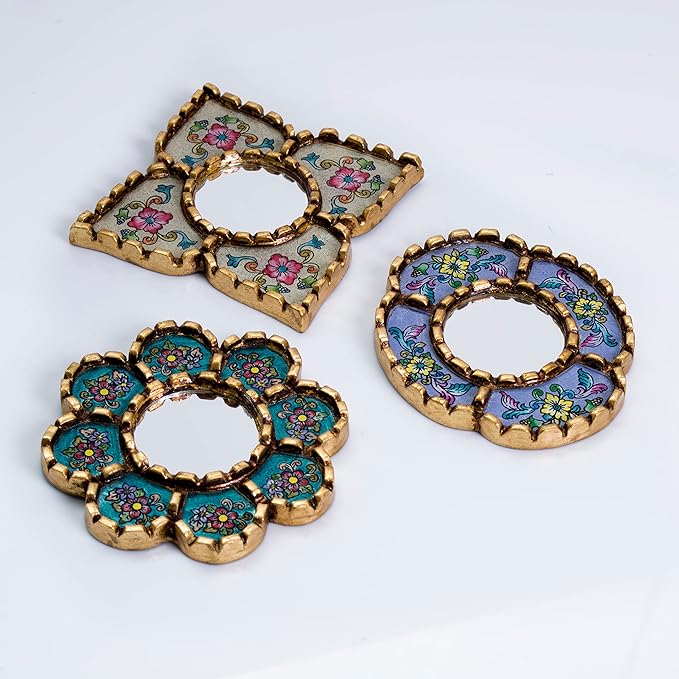 Artisan Handcrafted Wall Mirror Set, 3 Floral Shape Mirrors, Bronze Finish Frame, Turquoise Purple Beige Glass