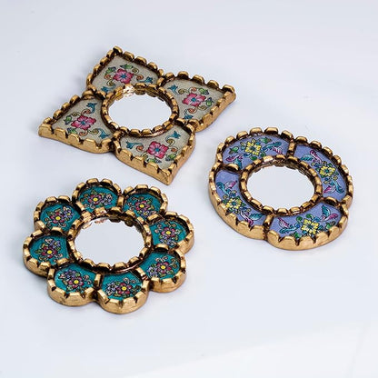 Artisan Handcrafted Wall Mirror Set, 3 Floral Shape Mirrors, Bronze Finish Frame, Turquoise Purple Beige Glass