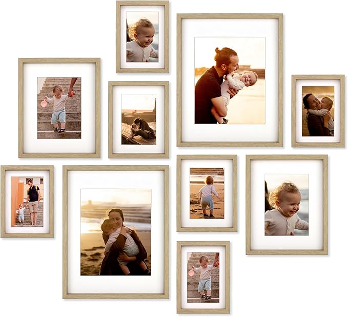 10 Piece Shadow Box Style Gallery Wall Frame Set - Rustic Photo Frame Set with Mat for 8x10, 5x7 and 4x6 - Multiple Sizes Picture Frame Set for Wall Collage–Farmhouse Assorted Deep Picture Frames(Oak)