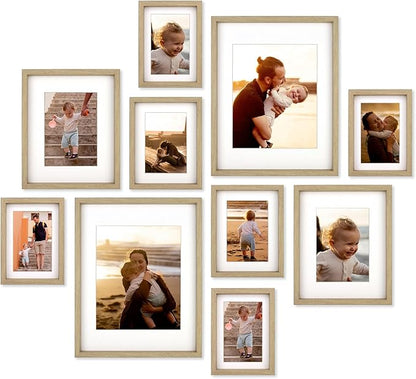 10 Piece Shadow Box Style Gallery Wall Frame Set - Rustic Photo Frame Set with Mat for 8x10, 5x7 and 4x6 - Multiple Sizes Picture Frame Set for Wall Collage–Farmhouse Assorted Deep Picture Frames(Oak)