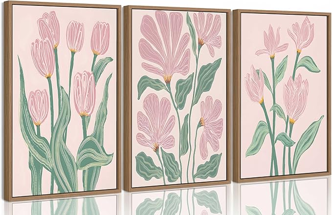 Framed 3 Pcs Pink Tulips Flowers Canvas Wall Art Boho Pink and Green Abstract Floral Botanical Paintings Pictures Wall Decor Poster Print Artwork for Living Room Bedroom Home Decoration