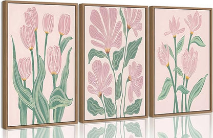 Framed 3 Pcs Pink Tulips Flowers Canvas Wall Art Boho Pink and Green Abstract Floral Botanical Paintings Pictures Wall Decor Poster Print Artwork for Living Room Bedroom Home Decoration
