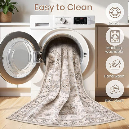 EIEIHOUSE Washable Area Rugs for Living Room -8x10 Neutral Vintage Distressed Floral Farmhouse Boho Large Soft Floor Rug Indoor Non Slip Carpet for Living Room Bedroom Dining Room Office -Beige Brown
